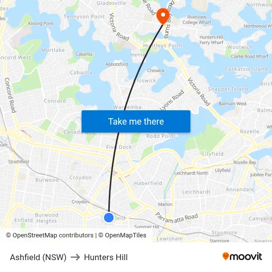 Ashfield (NSW) to Hunters Hill map