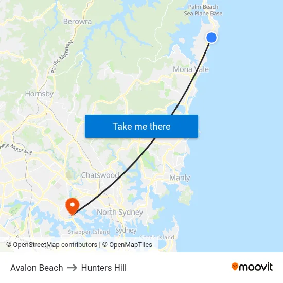 Avalon Beach to Hunters Hill map