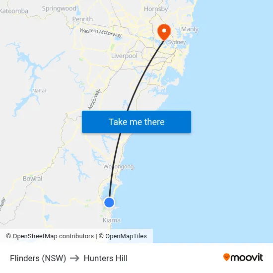 Flinders (NSW) to Hunters Hill map