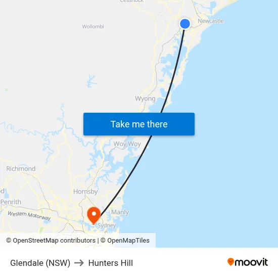 Glendale (NSW) to Hunters Hill map
