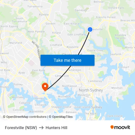 Forestville (NSW) to Hunters Hill map