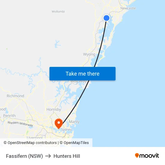 Fassifern (NSW) to Hunters Hill map