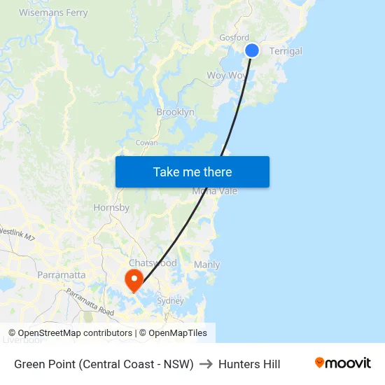 Green Point (Central Coast - NSW) to Hunters Hill map