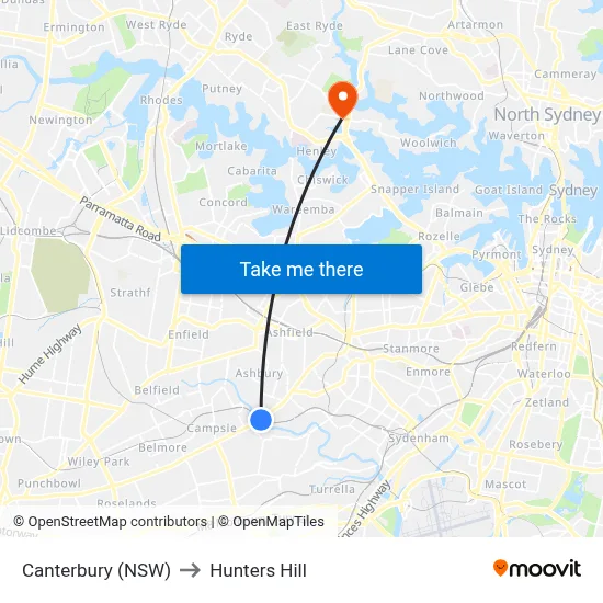 Canterbury (NSW) to Hunters Hill map