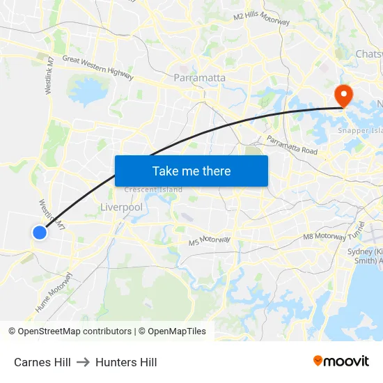 Carnes Hill to Hunters Hill map