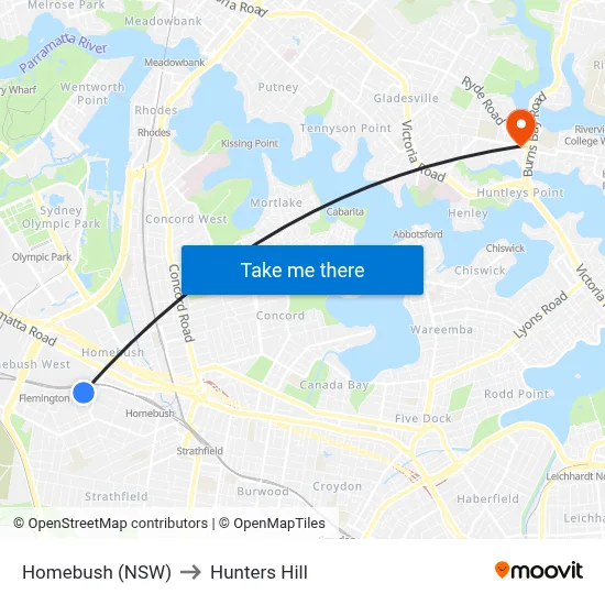 Homebush (NSW) to Hunters Hill map