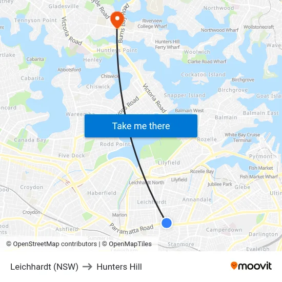 Leichhardt (NSW) to Hunters Hill map