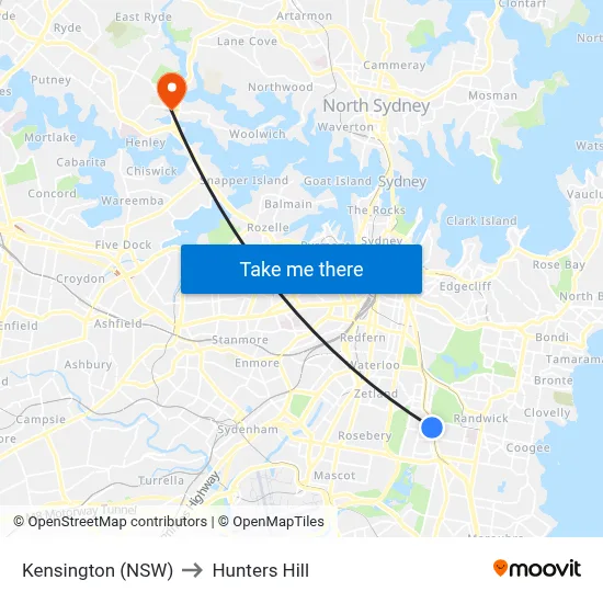 Kensington (NSW) to Hunters Hill map