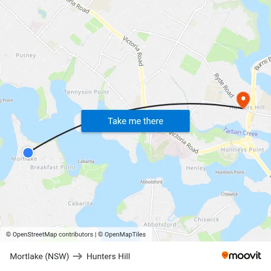 Mortlake (NSW) to Hunters Hill map