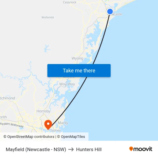 Mayfield (Newcastle - NSW) to Hunters Hill map