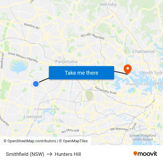 Smithfield (NSW) to Hunters Hill map