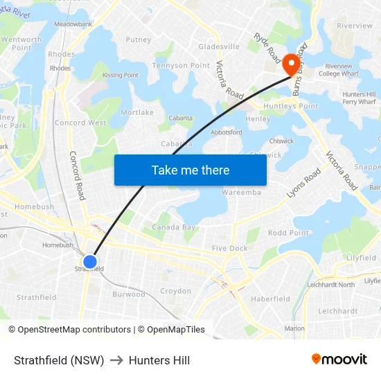 Strathfield (NSW) to Hunters Hill map