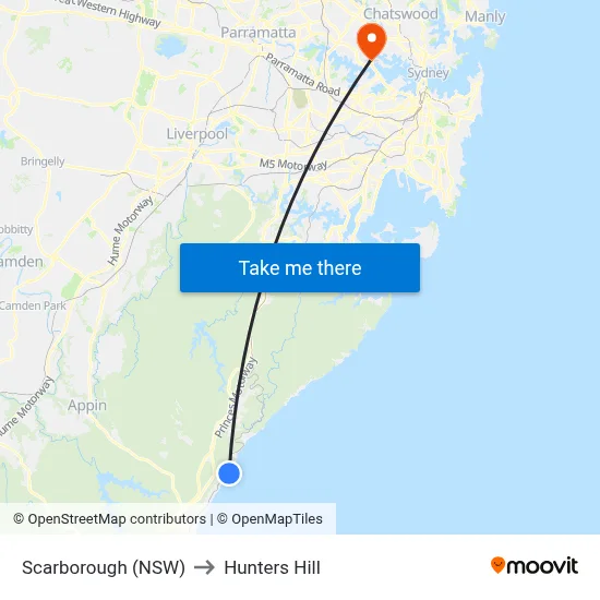 Scarborough (NSW) to Hunters Hill map