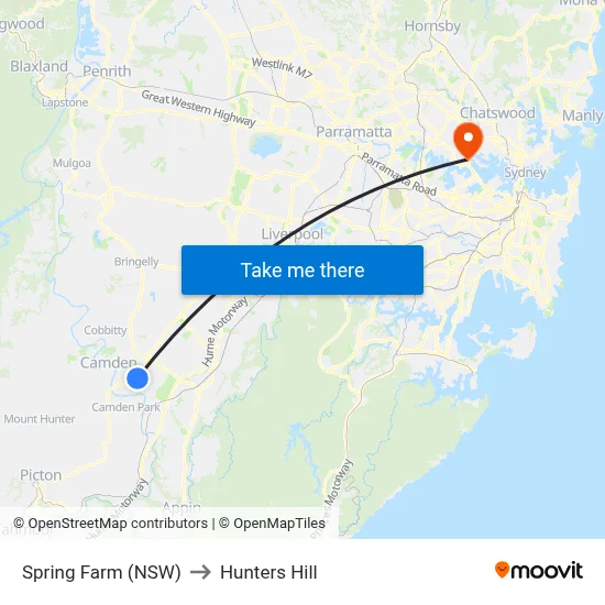 Spring Farm (NSW) to Hunters Hill map