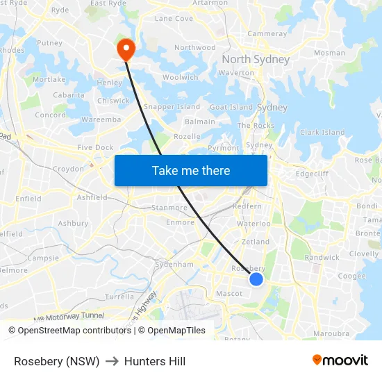Rosebery (NSW) to Hunters Hill map