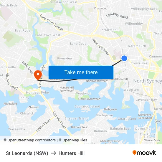 St Leonards (NSW) to Hunters Hill map