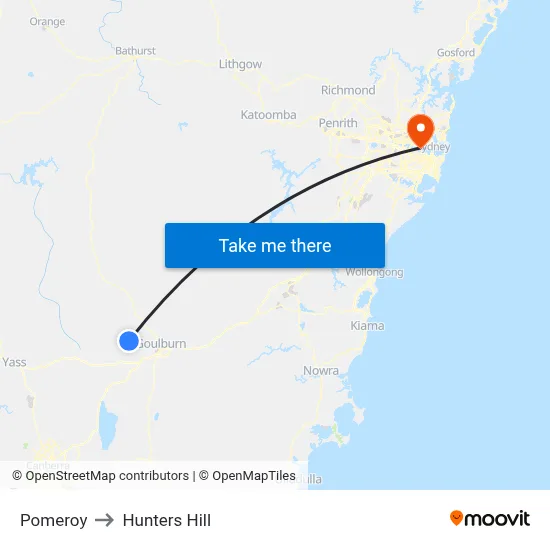 Pomeroy to Hunters Hill map