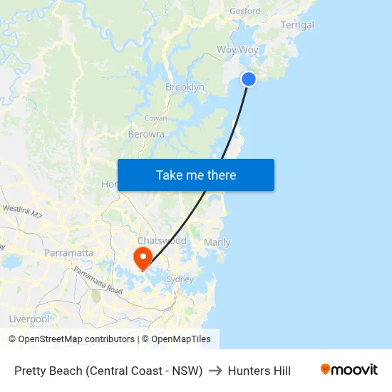 Pretty Beach (Central Coast - NSW) to Hunters Hill map