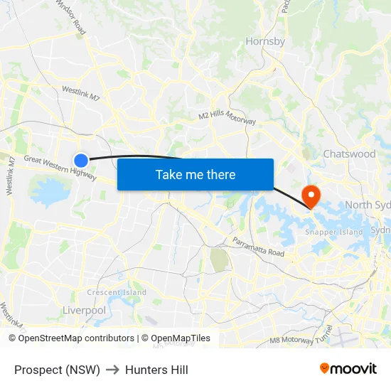 Prospect (NSW) to Hunters Hill map