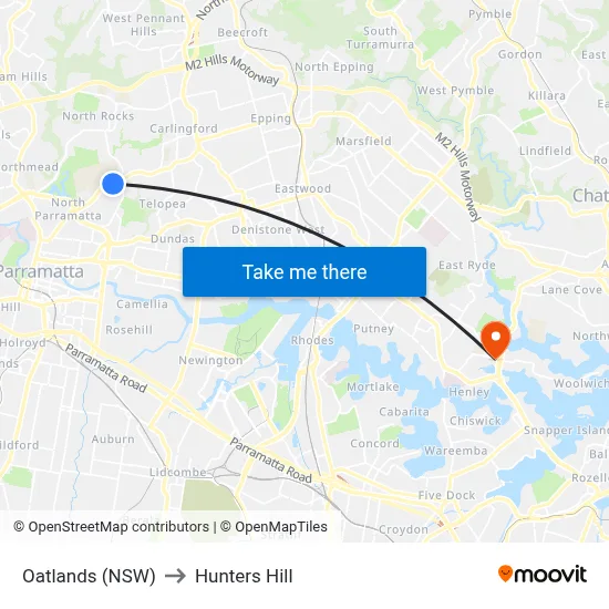 Oatlands (NSW) to Hunters Hill map
