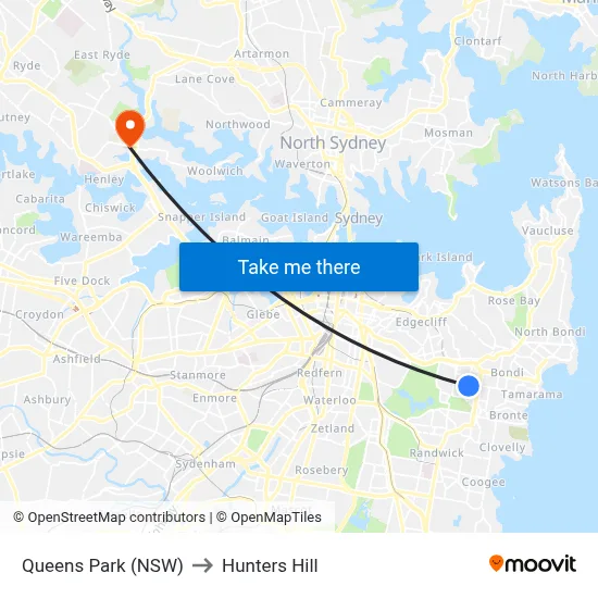 Queens Park (NSW) to Hunters Hill map