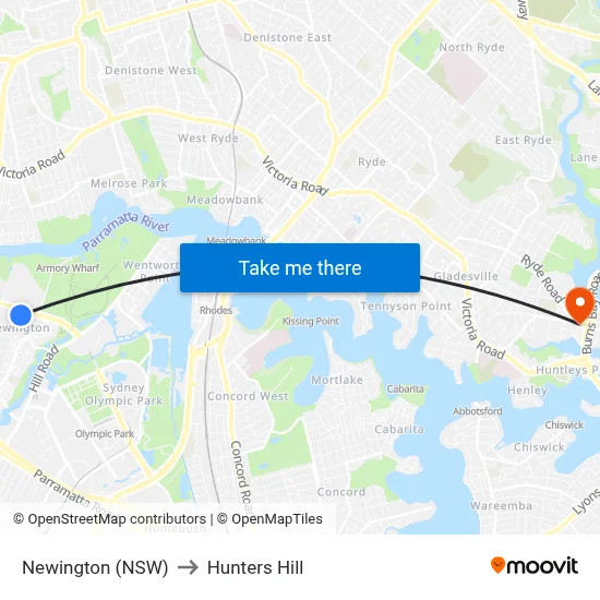 Newington (NSW) to Hunters Hill map