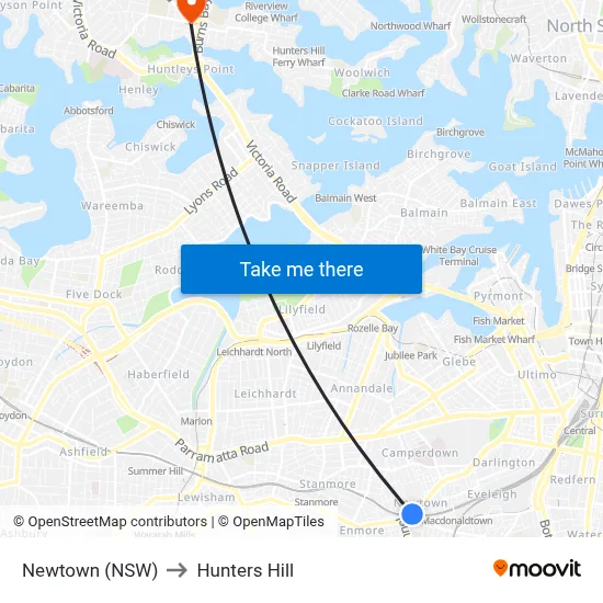 Newtown (NSW) to Hunters Hill map