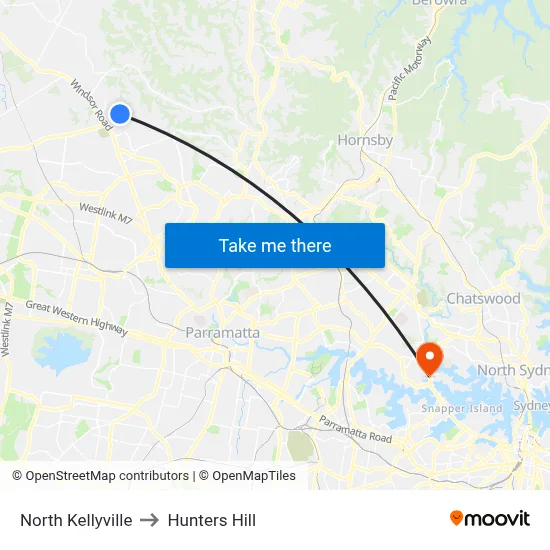 North Kellyville to Hunters Hill map