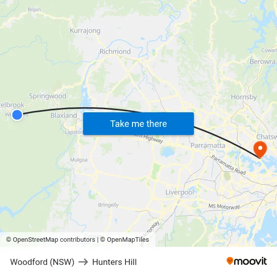 Woodford (NSW) to Hunters Hill map