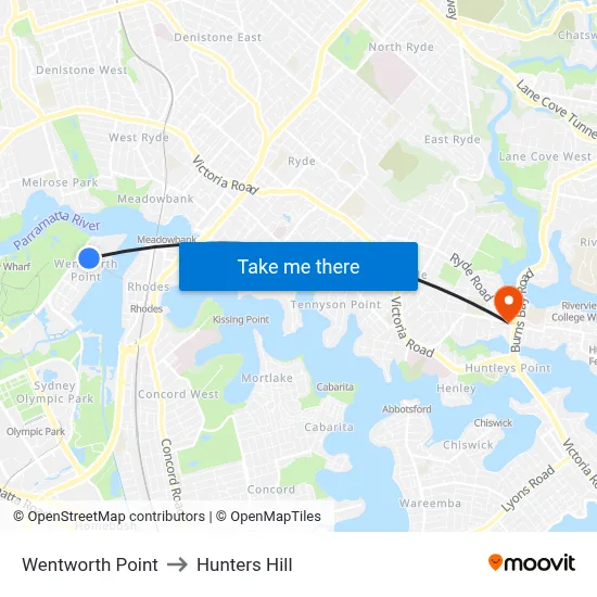 Wentworth Point to Hunters Hill map