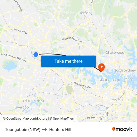 Toongabbie (NSW) to Hunters Hill map