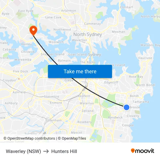 Waverley (NSW) to Hunters Hill map
