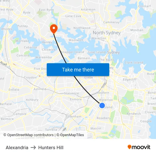 Alexandria to Hunters Hill map