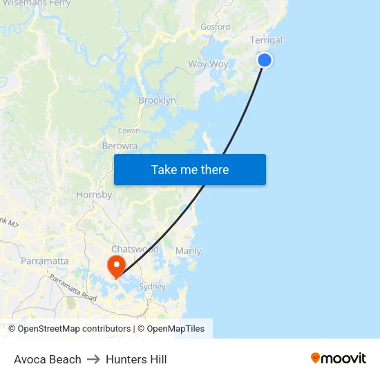 Avoca Beach to Hunters Hill map