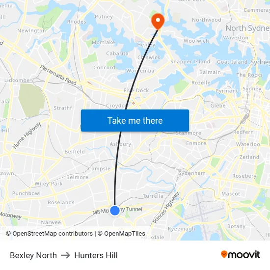 Bexley North to Hunters Hill map
