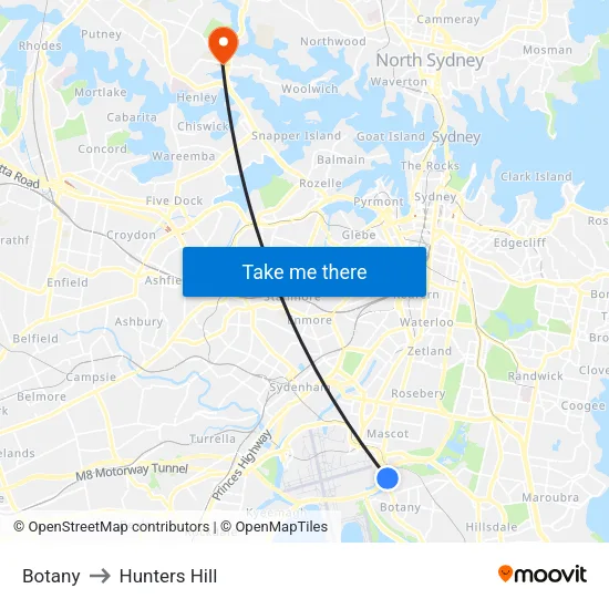 Botany to Hunters Hill map