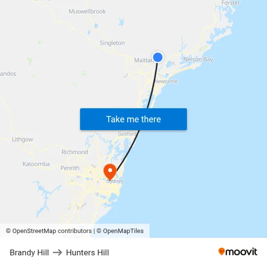 Brandy Hill to Hunters Hill map