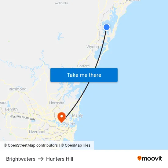 Brightwaters to Hunters Hill map