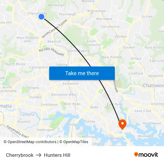 Cherrybrook to Hunters Hill map