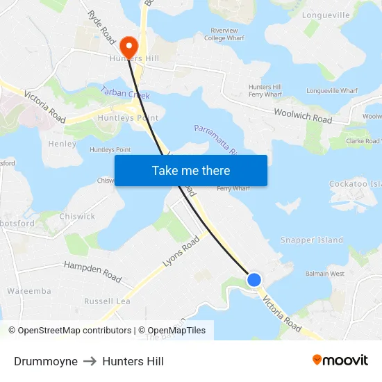 Drummoyne to Hunters Hill map