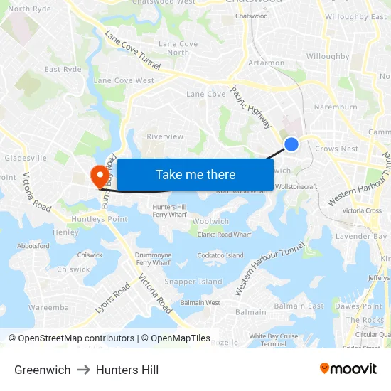 Greenwich to Hunters Hill map