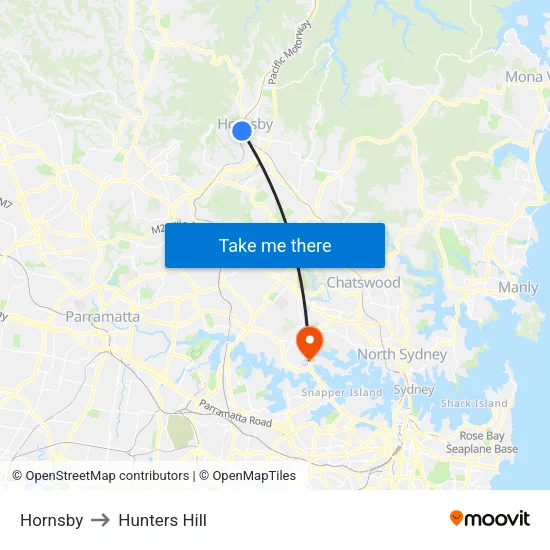 Hornsby to Hunters Hill map