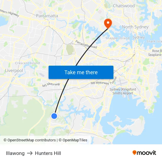 Illawong to Hunters Hill map