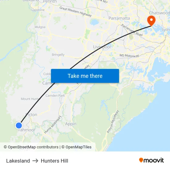 Lakesland to Hunters Hill map