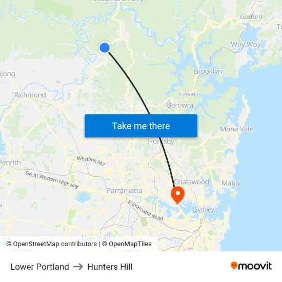 Lower Portland to Hunters Hill map