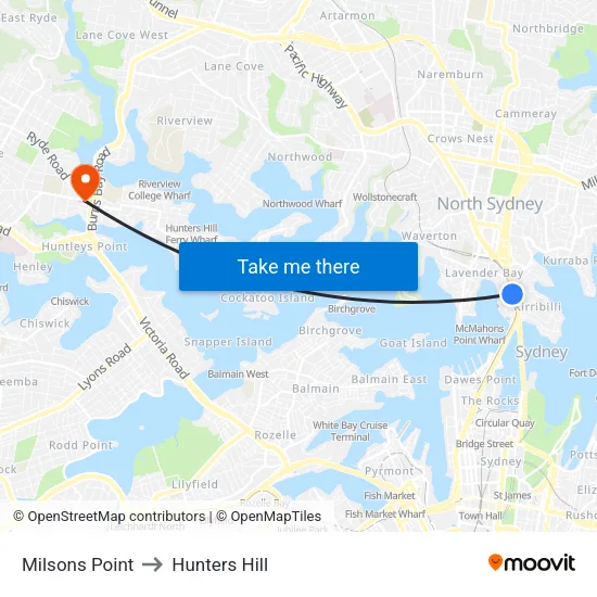 Milsons Point to Hunters Hill map