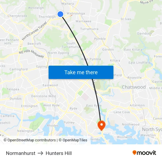 Normanhurst to Hunters Hill map