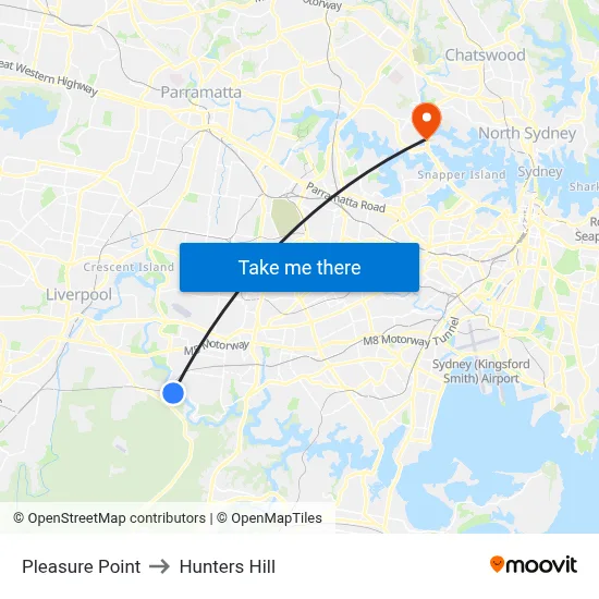 Pleasure Point to Hunters Hill map