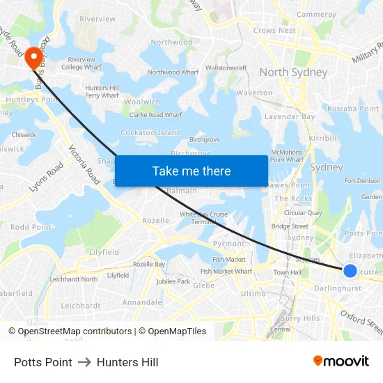 Potts Point to Hunters Hill map