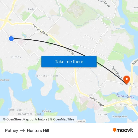 Putney to Hunters Hill map